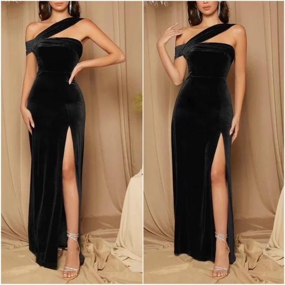 Luxe One Shoulder Velvet Evening Wedding Formal Maxi Dress - Picture 2 of 6